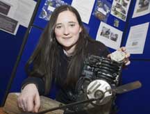 Emily Breslin, Pobalscoil na Trionoide, Youghal; at SciFest 2011 at CIT, with her project to develop a biomass fuel-briquette compactor from unserviceable engine blocks for use in the developing world.